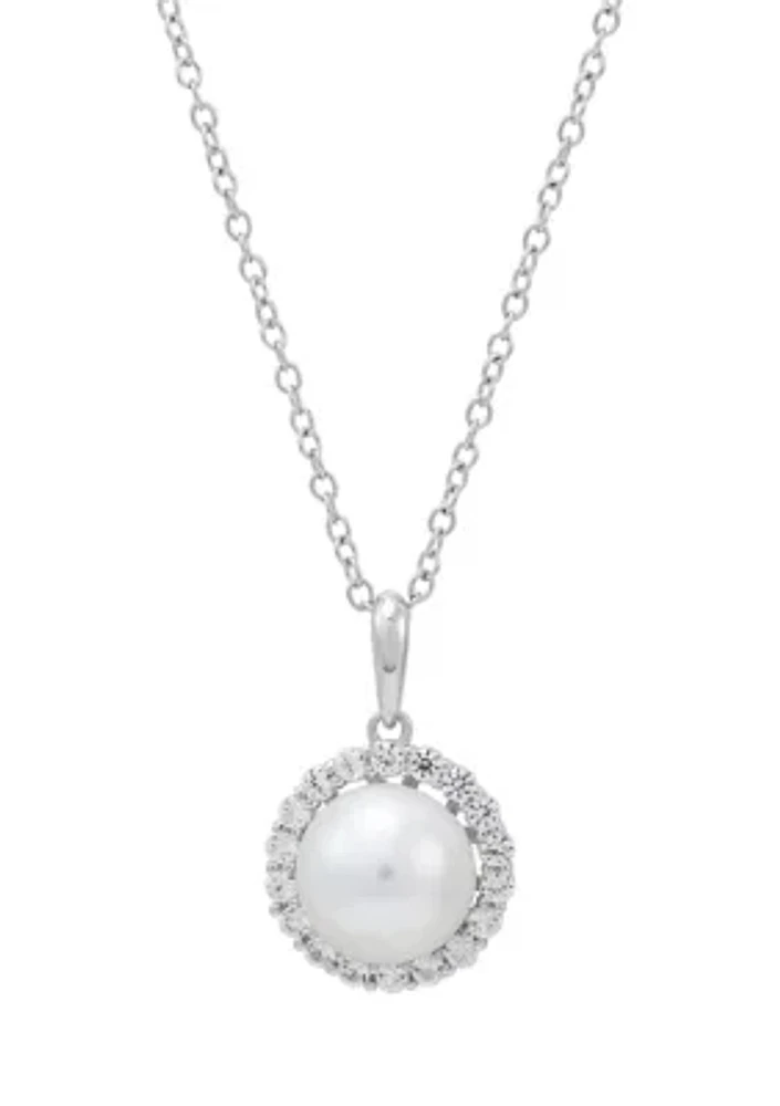 Lab Created 8-8.5 Millimeter Round Freshwater Pearl and Created White Sapphire Pendant Necklace with 18" Cable Chain in Sterling Silver