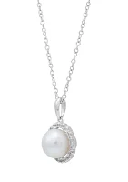 Lab Created 8-8.5 Millimeter Round Freshwater Pearl and Created White Sapphire Pendant Necklace with 18" Cable Chain in Sterling Silver