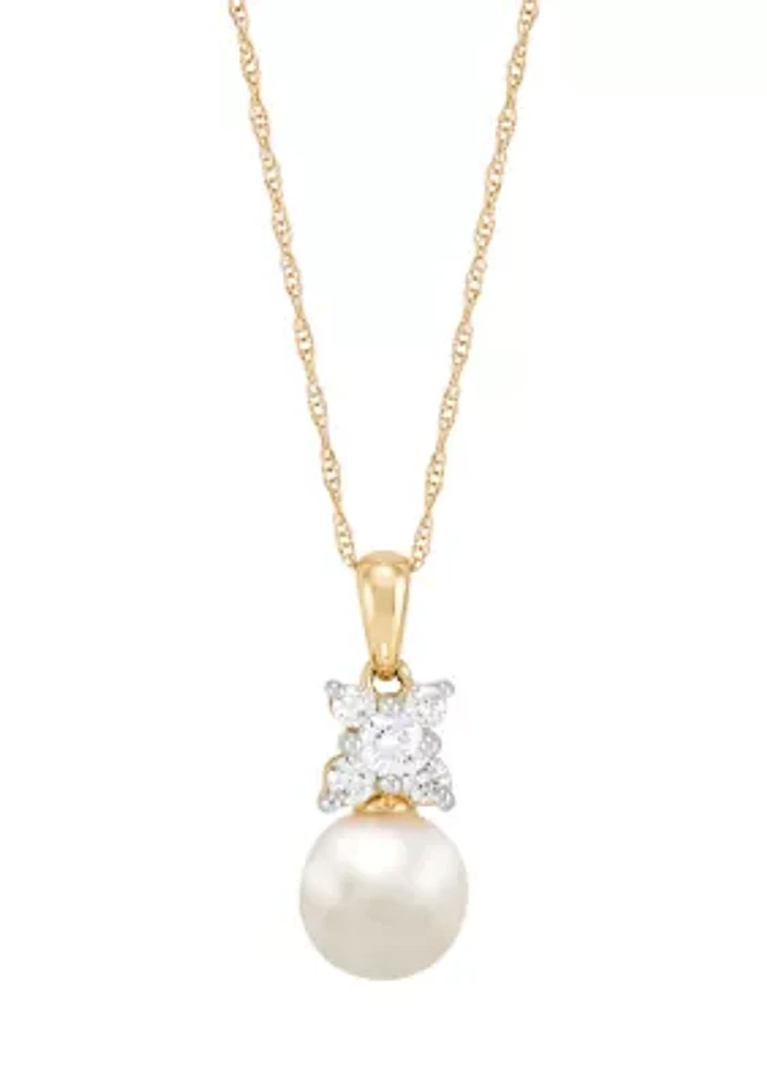 Pearl and 1/4 ct. t.w. Lab Grown Diamond Pendant with 18" Rope Chain in 10K Yellow Gold