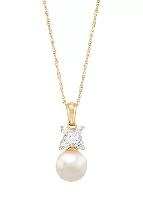 Pearl and 1/4 ct. t.w. Lab Grown Diamond Pendant with 18" Rope Chain in 10K Yellow Gold