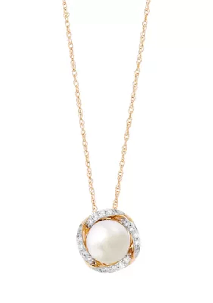 Pearl and 1/10 ct. t.w. Lab Grown Diamond Pendant with 18" Rope Chain in 10K Yellow Gold