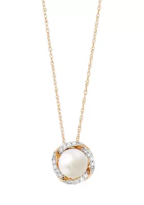 Pearl and 1/10 ct. t.w. Lab Grown Diamond Pendant with 18" Rope Chain in 10K Yellow Gold