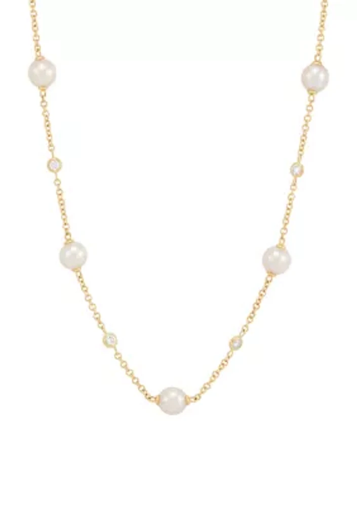 Pearl and 1/5 ct. t.w. Lab Grown Diamond Station Necklace in 10K Yellow Gold