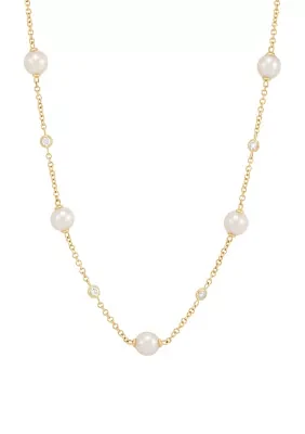 Pearl and 1/5 ct. t.w. Lab Grown Diamond Station Necklace in 10K Yellow Gold