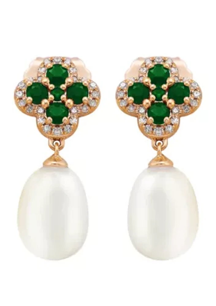 10 ct. White Pearl with 0.64 ct. t.w. Emeralds and 1/6 ct. t.w. Diamonds Earrings in 10K Yellow Gold