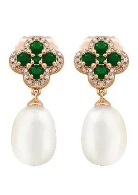 10 ct. White Pearl with 0.64 ct. t.w. Emeralds and 1/6 ct. t.w. Diamonds Earrings in 10K Yellow Gold