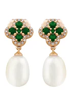 10 ct. White Pearl with 0.64 ct. t.w. Emeralds and 1/6 ct. t.w. Diamonds Earrings in 10K Yellow Gold