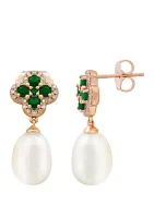 10 ct. White Pearl with 0.64 ct. t.w. Emeralds and 1/6 ct. t.w. Diamonds Earrings in 10K Yellow Gold