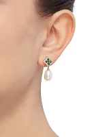 10 ct. White Pearl with 0.64 ct. t.w. Emeralds and 1/6 ct. t.w. Diamonds Earrings in 10K Yellow Gold