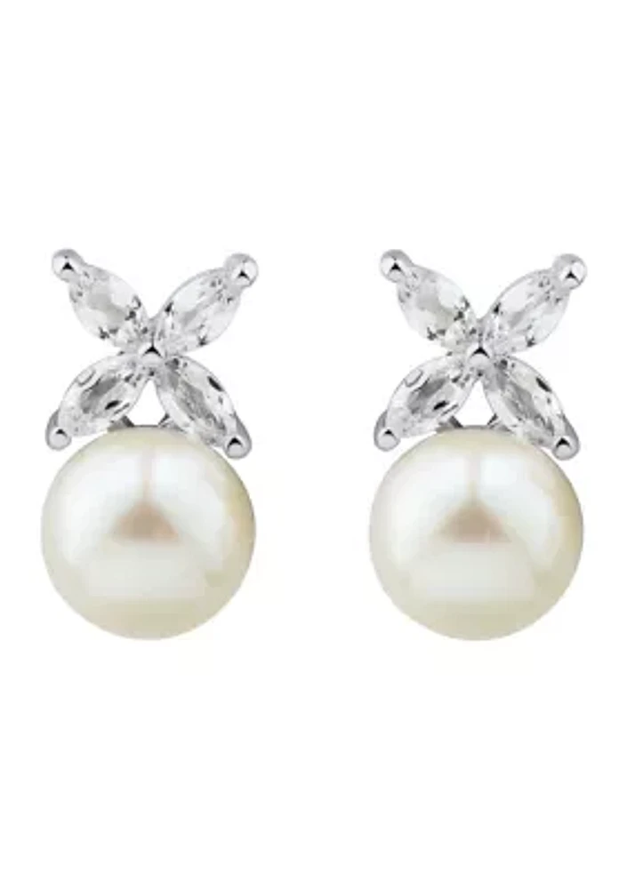 Pearl and Lab Created White Sapphire Earrings in Sterling Silver