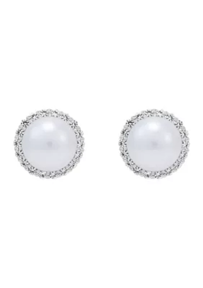 Lab Created 7-7.5 Millimeter Round Freshwater Pearl and Created White Sapphire  Stud Earrings in Sterling Silver