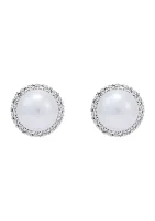 Lab Created 7-7.5 Millimeter Round Freshwater Pearl and Created White Sapphire  Stud Earrings in Sterling Silver