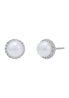 Lab Created 7-7.5 Millimeter Round Freshwater Pearl and Created White Sapphire  Stud Earrings in Sterling Silver