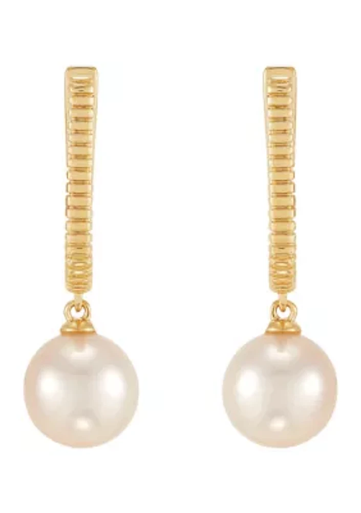 7.5 Millimeter Round Pearl Drop Earrings in 10K Yellow Gold