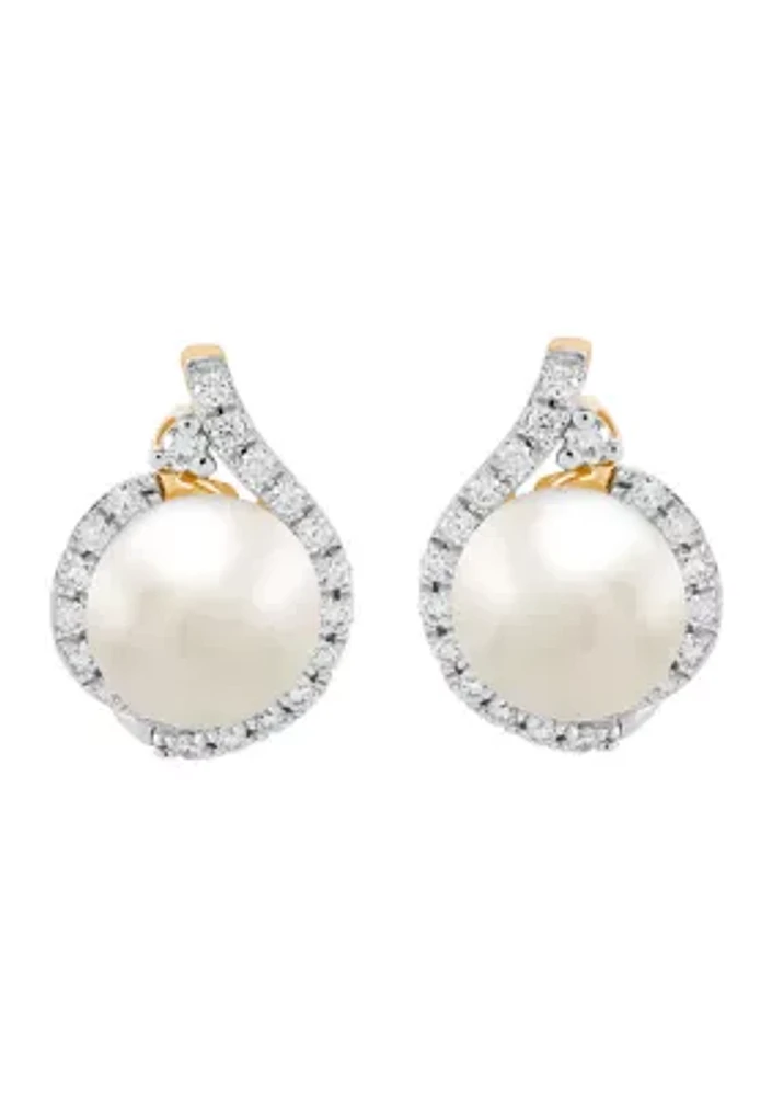 1/4 ct. t.w. Lab Grown Diamond and 7-7.5 Millimeter Button Pearl Earrings in 10K Yellow Gold