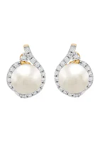 1/4 ct. t.w. Lab Grown Diamond and 7-7.5 Millimeter Button Pearl Earrings in 10K Yellow Gold