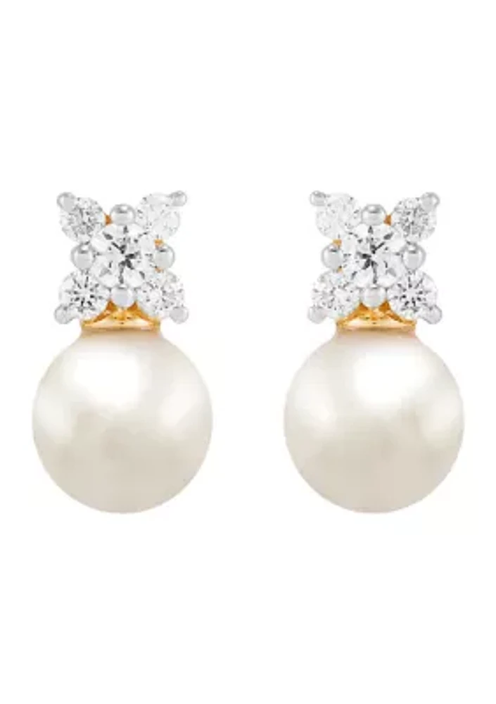  1/4 ct. t.w. Lab Grown Diamond and 6.5-7 Millimeter Round Pearl Earrings in 10K Yellow Gold