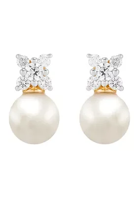  1/4 ct. t.w. Lab Grown Diamond and 6.5-7 Millimeter Round Pearl Earrings in 10K Yellow Gold