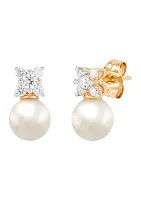  1/4 ct. t.w. Lab Grown Diamond and 6.5-7 Millimeter Round Pearl Earrings in 10K Yellow Gold