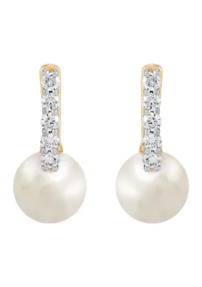 Pearl and 1/4 ct. t.w. Lab Grown Diamond Hoop Earrings in 10K Yellow Gold