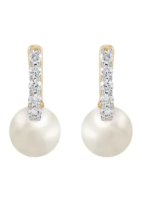 Pearl and 1/4 ct. t.w. Lab Grown Diamond Hoop Earrings in 10K Yellow Gold