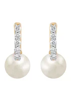 Pearl and 1/4 ct. t.w. Lab Grown Diamond Hoop Earrings in 10K Yellow Gold