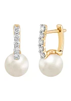 Pearl and 1/4 ct. t.w. Lab Grown Diamond Hoop Earrings in 10K Yellow Gold