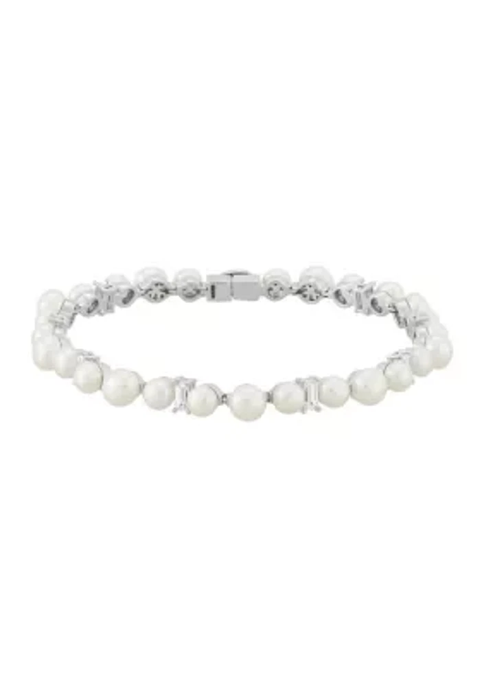 Pearl and Created White Sapphire Link Bracelet in Sterling Silver