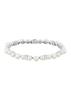 Pearl and Created White Sapphire Link Bracelet in Sterling Silver