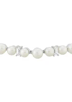 Pearl and Created White Sapphire Link Bracelet in Sterling Silver