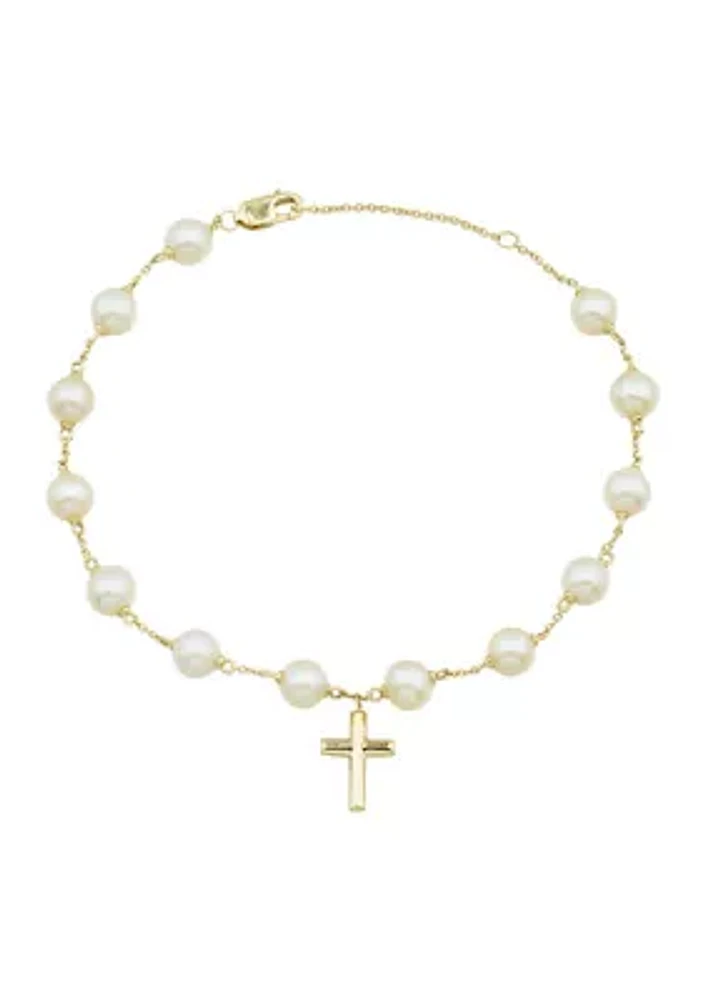 5.5 Millimeter Round Pearl Cross Bracelet in 10K Yellow Gold