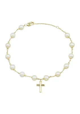 5.5 Millimeter Round Pearl Cross Bracelet in 10K Yellow Gold