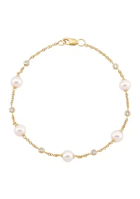 Pearl and 1/5 ct. t.w. Lab Grown Diamond Bracelet in 10K Yellow Gold