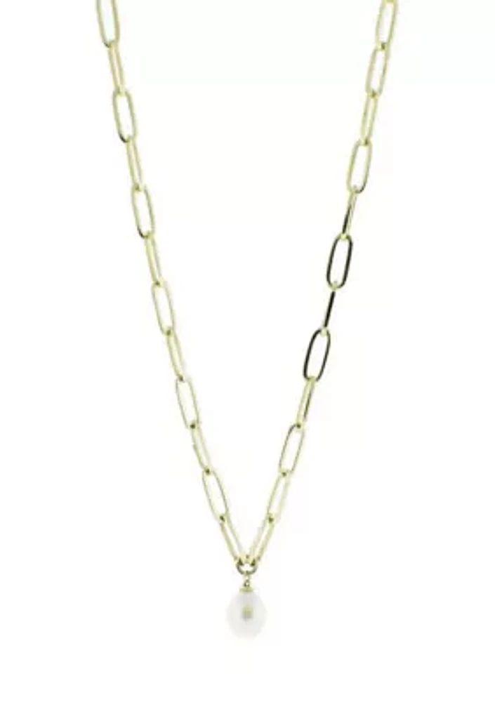 Oval Interlock with 8-8.5 Millimeter White Pearl Necklace in 10K Yellow Gold