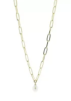 Oval Interlock with 8-8.5 Millimeter White Pearl Necklace in 10K Yellow Gold