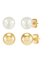 Pearl and Gold Ball Earring Set in 14K Yellow Gold