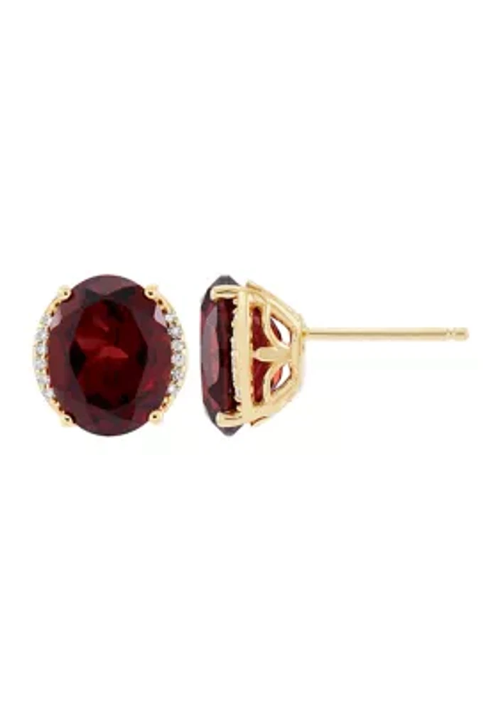   1/10 ct. t.w. Diamond and Garnet Oval Stud Earrings in 10K Yellow Gold