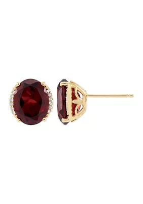   1/10 ct. t.w. Diamond and Garnet Oval Stud Earrings in 10K Yellow Gold