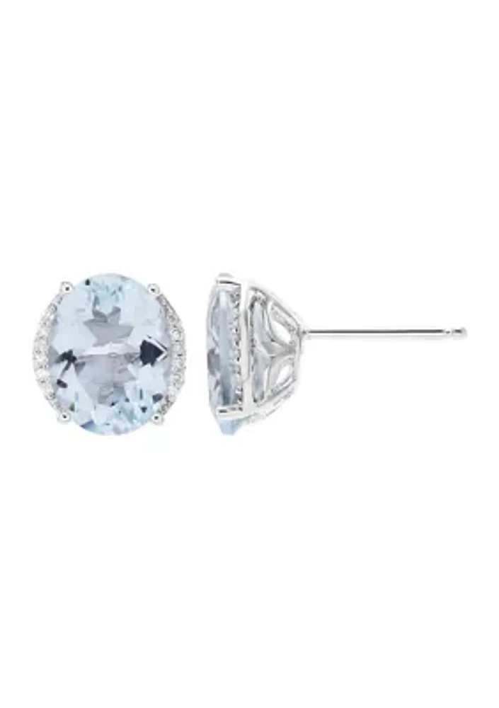   1/10 ct. t.w. Diamond and Aqua Oval Stud Earrings in 10K White Gold