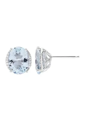   1/10 ct. t.w. Diamond and Aqua Oval Stud Earrings in 10K White Gold