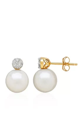 Freshwater Pearl and Diamond Top Earrings in 10k Yellow Gold