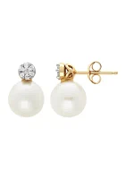 Freshwater Pearl and Diamond Top Earrings in 10k Yellow Gold