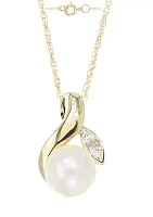 Freshwater Pearl & Diamond Flower Pendant in 10K Yellow Gold