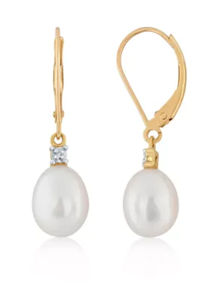 Freshwater Pearl & Diamond Drop Earrings in 10K Yellow Gold