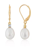 Freshwater Pearl & Diamond Drop Earrings in 10K Yellow Gold