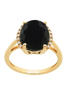 1/10 ct. t.w. and Onyx Oval Ring in 10K Yellow Gold 