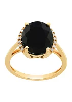 1/10 ct. t.w. and Onyx Oval Ring in 10K Yellow Gold 