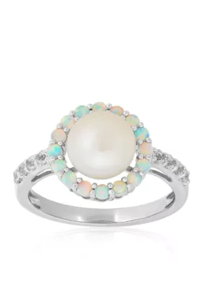 Freshwater Pearl and Created Opal with Sapphire Halo Ring in Sterling Silver