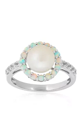 Freshwater Pearl and Created Opal with Sapphire Halo Ring in Sterling Silver