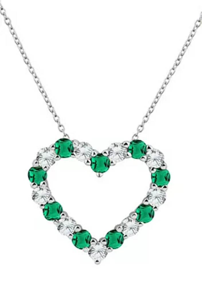 Created Emerald and White Sapphire Heart Pendant Necklace in Sterling Silver